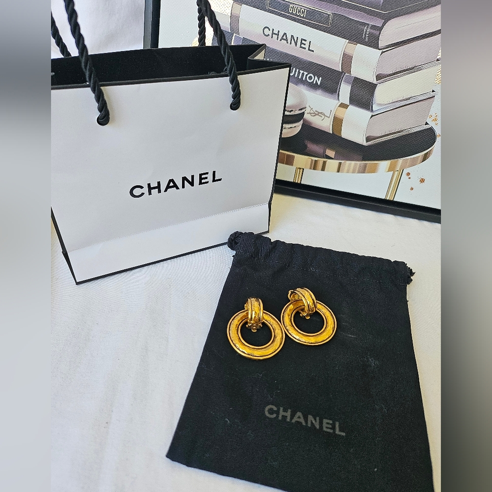 Chanel vintage 24kt gold plated hammered door knocker hoop clip on earrings.